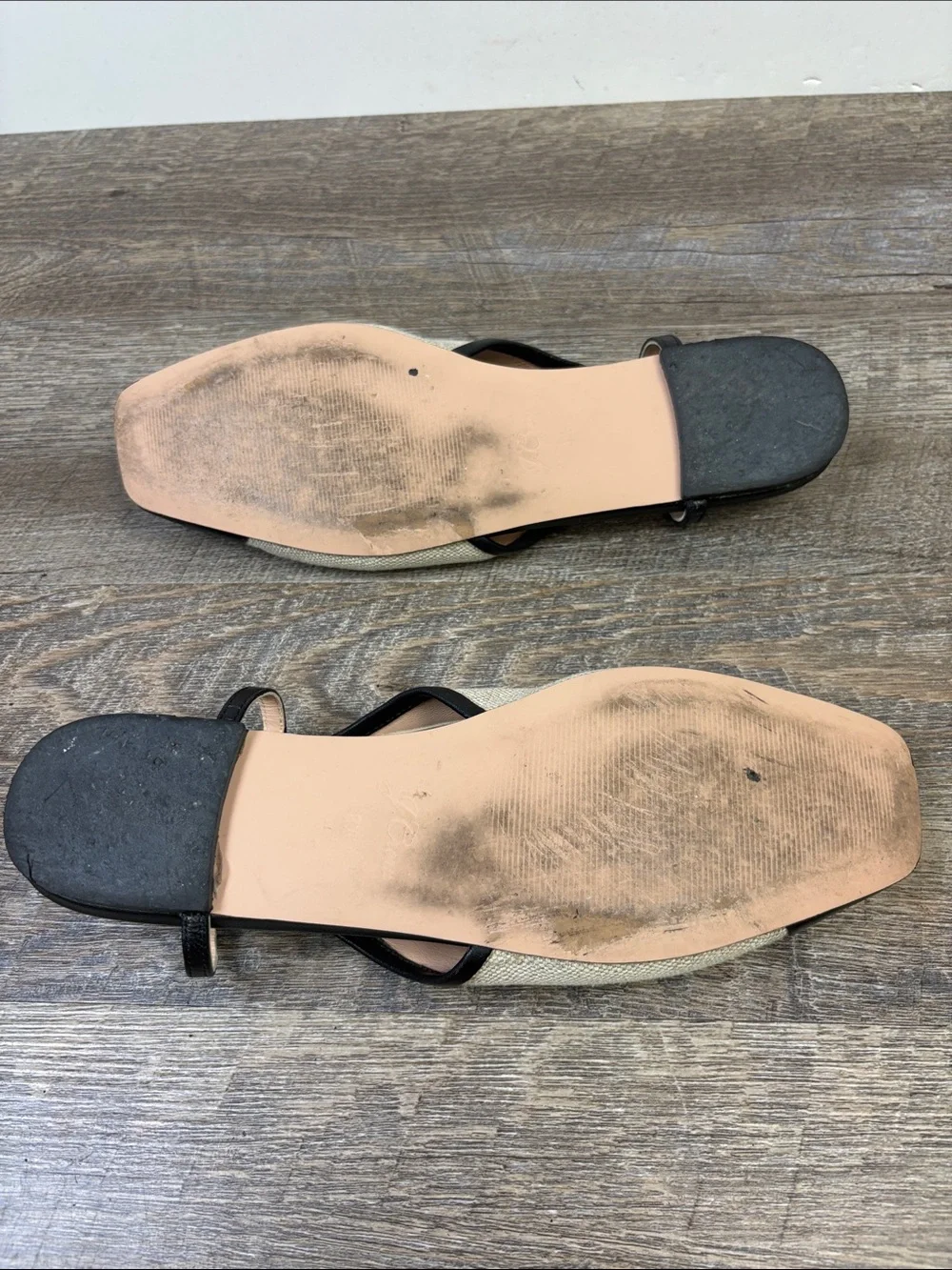 J.Crew Women’s Slingback Cap Toe Flats Black Leather Natural Canvas Size 8.5